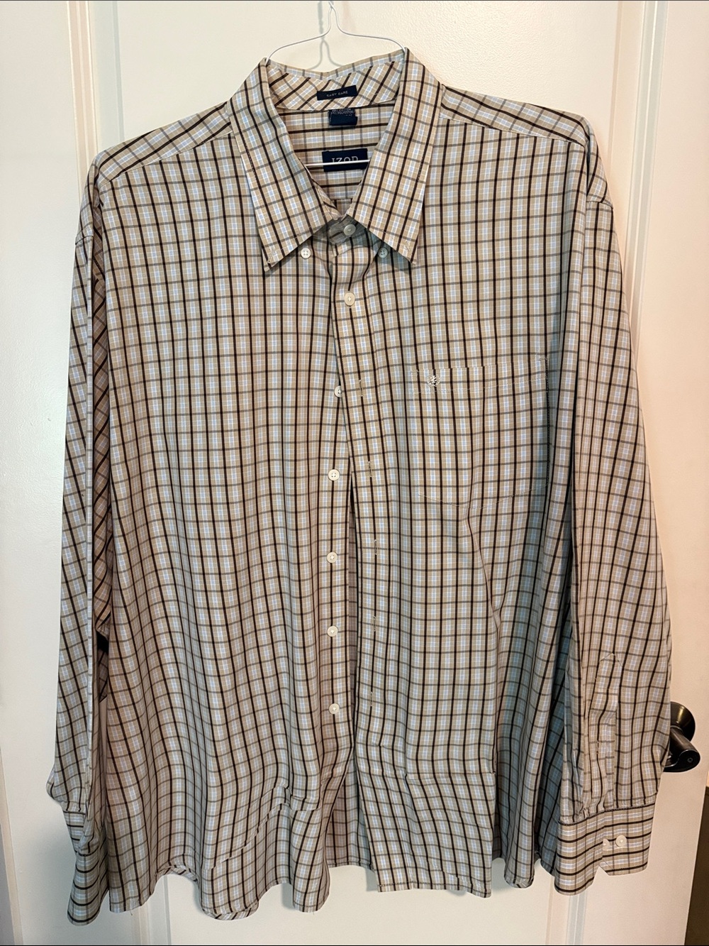 Izod Men’s Brown and White Plaid Dress Shirt